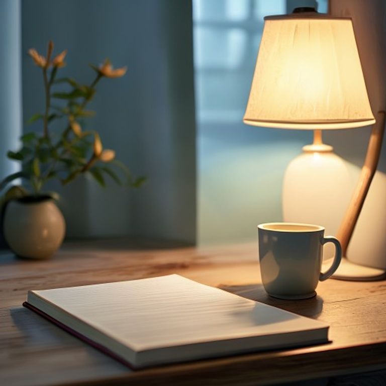 Calm evening workspace with soft lighting and journal